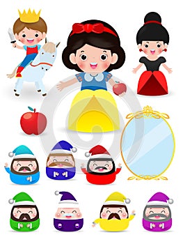 Snow white and the seven dwarfs, Snow White on white background, prince, Princess and Dwarfs and witch, Vector Illustration. photo