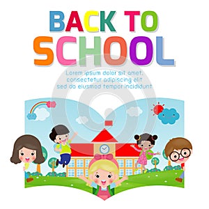 Back to school vector banner design with happy Children, poster background cover book, web, flyer, banner and template.