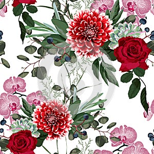 Nature seamless pattern. Hand drawn summer background: succulent, herbs and pink orchid, red roses and dahlia flowers.