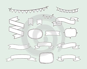 Set of hand drawn design elements. Vintage vector doodle banners, ribbons, frames, bunting banners in cartoon style. Wedding invit photo