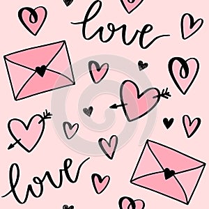 Cartoon Valentine`s day vector pattern with hand drawn hearts, love letters, envelopes and words love. Design for gift wrap, stati photo