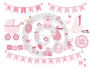 Baby girl shower design elements. Vector set of cute newborn icons.