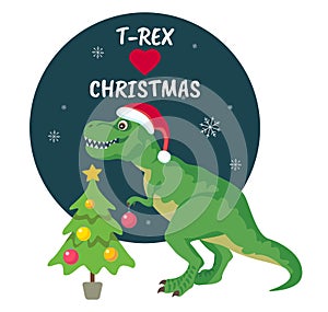Tyrannosaurus Rex Christmas Card.  Dinosaur in Santa hat decorates Christmas tree. photo