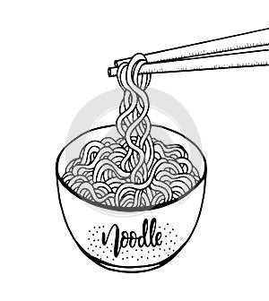 Doodle noodle at bowl and chopsticks. hand drawing