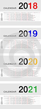 Year 2018 and Year 2019 and Year 2020 and Year 2021 calendar horizontal vector design template, simple and clean design.