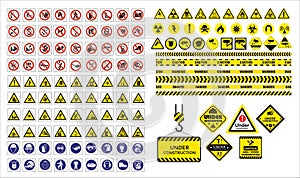 Set of mandatory sign, hazard sign, prohibited sign, occupational safety and health signs, warning signboard, fire emergency sign