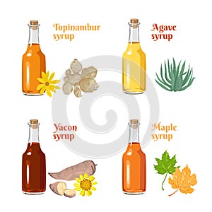 Set of natural sweeteners. Syrup of Jerusalem artichoke, yakon, agave and maple in glass bottles Isolated on a white background.