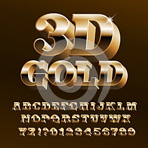 3D gold alphabet font. Bright golden letters and numbers with bevel.