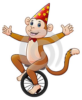 Circus monkey cartoon riding a monocycle with smile