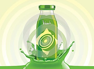 Vector kiwi juice, fruit glass bottle with drop splash