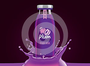 Vector plum juice, fruit glass bottle with drop splash