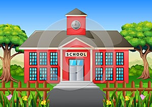 Cartoon of school building with green yard