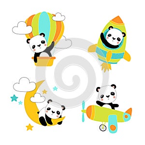 Print.Vector set of illustrations with cartoon panda. Panda travels