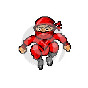Print Pixel Art Ninja Character . Cartoon Red Ninja 8 Bit , Classic Illustration