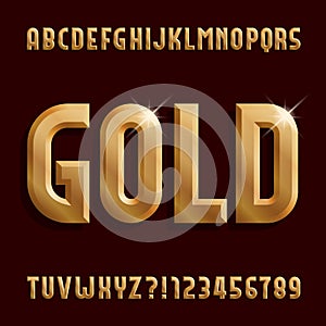 Gold alphabet font. Beveled golden letters, numbers and symbols.