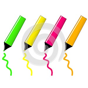 Neon text marker icon set green, yellow, pink, orange. Highlighter flat icons with drawn spot.