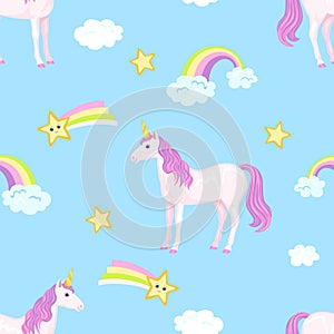 Seamless pattern with unicorns, stars, rainbow and clouds on blue background.