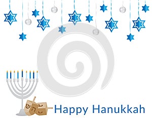 Happy Hanukkah Banner with Decorations, Menorah and dreidels