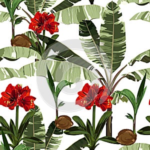 Tropical vintage red flowers, palm trees, banana tree floral seamless pattern white background.