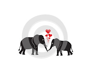 Two elephants in love, vector, Elephants silhouettes isolated in white background, hearts illustrations, wall decals