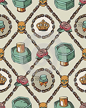 Seamless pattern with perfumes, skulls, roses and chains