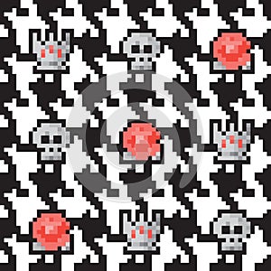 Houndstooth seamless pattern with crowns, roses and skulls