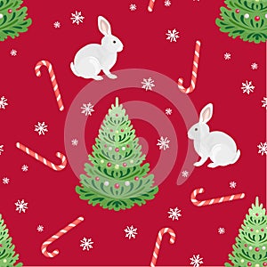 Christmas green tree, white bunny, Christmas candies and snowflakes on  red background seamless pattern.