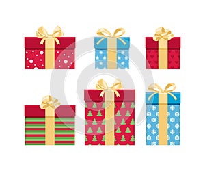 Set of gift boxes with gold bows of different shapes and patterns. Vector illustration of New Year or Christmas presents
