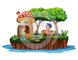 A boy with girl in island scene