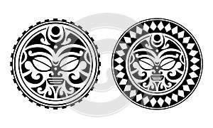 Set of round tattoo ornament with sun face maori style.