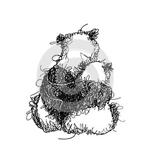 Vector drawing of chaos scribble panda couple in love in black isolated on white background. Romantic hand drawn scribble pandas.