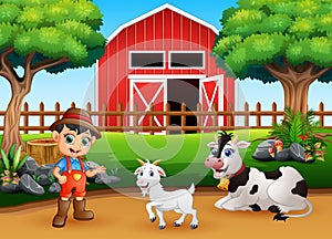 Farm scenes with different animals and farmers in the farmyard photo