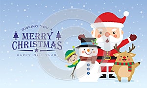 Christmas character flat design - santa claus, reindeer, snowman & christmas elf on snowy background