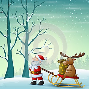 Cartoon santa claus pulling reindeer on a sleigh with sack of gifts