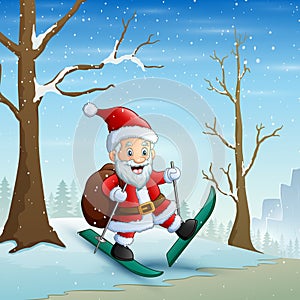 Santa claus skiing on the snow with bag of gifts