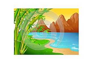 Beautiful Landscape View With Beach, Mountain, And Trees Cartoon