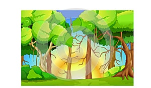 Beautiful Landscape View With Tress And Sunset Cartoon photo