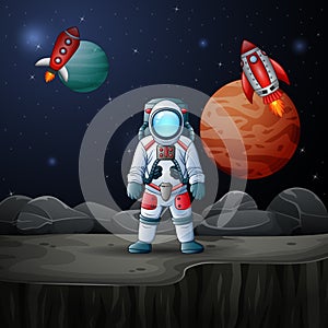 Astronaut and rocket landed on planet