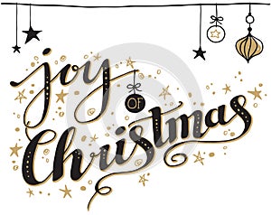 Black and Gold Joy of Christmas Hand Drawn Calligraphy Isolated on White