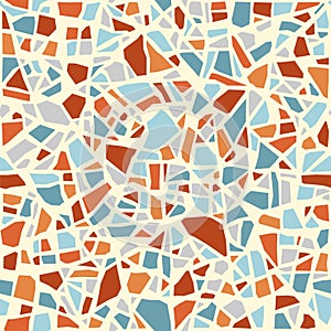 Terrazzo flooring texture. Polished pebble stone tile. Abstract blue and orange color seamless pattern, vector background.