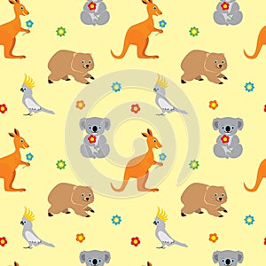 Seamless pattern with cute cartoon australian animals. Kangaroo, koala bear, parrot cockatoo, wombat. Vector cartoon flat illustra