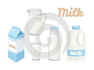 Milk in bottle, jug, glass, carton box and gallon of milk Isolated on white background. Vector illustration of dairy product