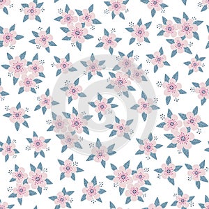 Seamless ditsy floral pattern in vector. Small pink flowers on a white background.