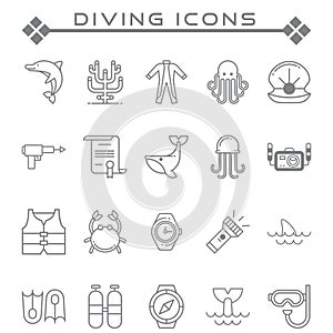 Set of Diving Related Vector Line Icons.