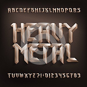 Heavy Metal alphabet font. 3D golden color beveled letters and numbers. photo