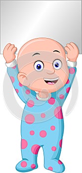 Cute Little Baby Boy Kid In Blue Purple Pajama Holding Grey Blank Sign Board Cartoon