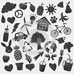 Vector environment icons shapes. Bio, recycle, vegan, ecology lifestyle black stickers.