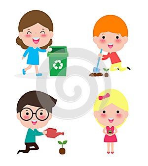 Cute kids volunteer. Children collect rubbish for recycling. A child plants trees. isolated on white background Illustrator Vector