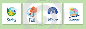 Vector illustration of four seasons: summer, spring, fall, winter with English words underneath. photo