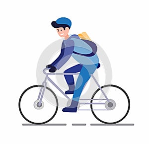 Newspaper boy or courier bike, man ride bicycle with package to costumer cartoon flat illustration vector isolated in white backgr